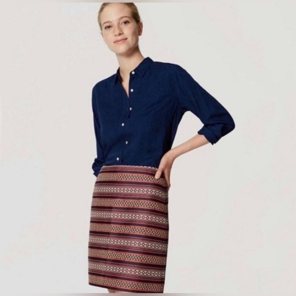 LOFT Skirt Tapestry Design Coral‎ Navy Blue Lined Zipper 19" Length Size 12P